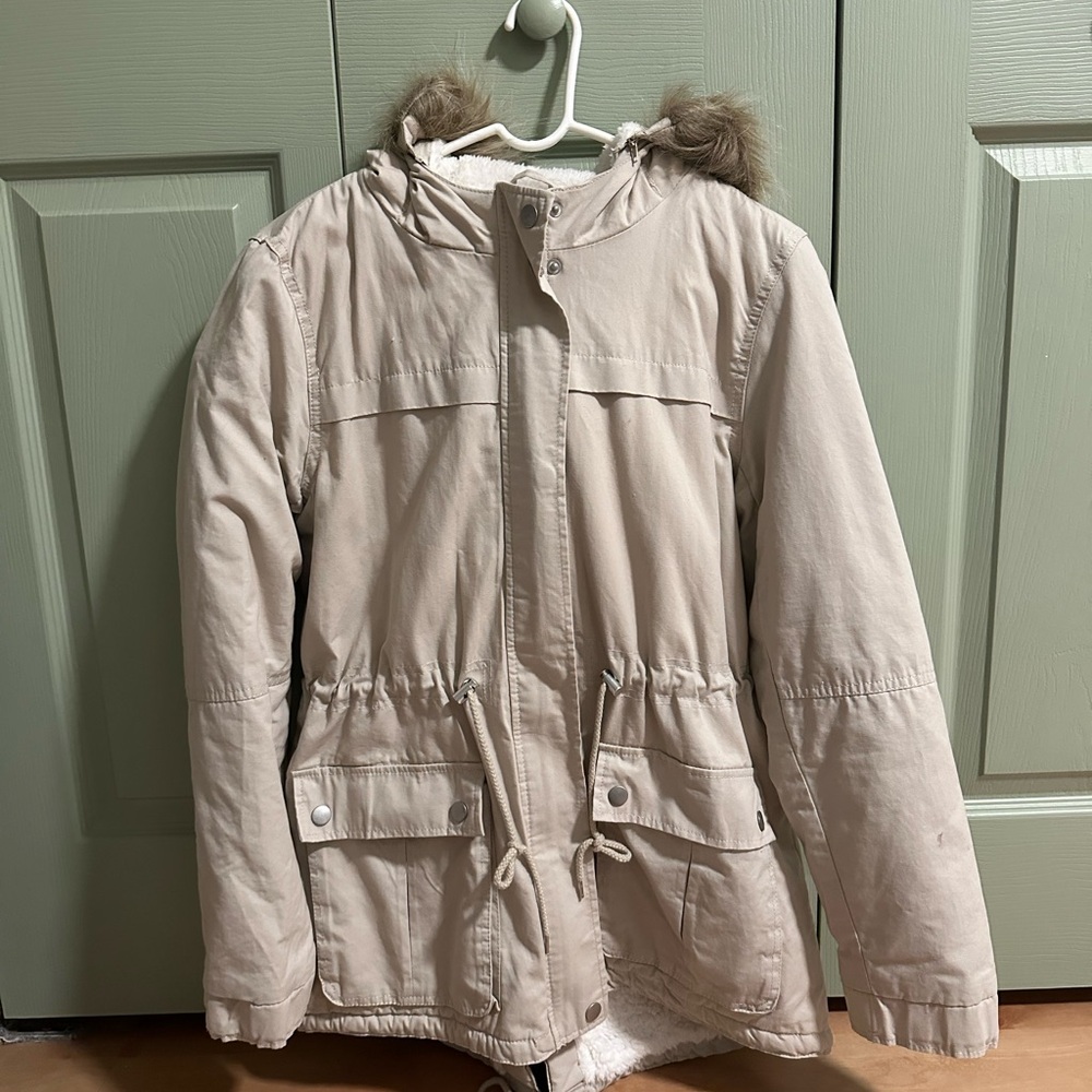 Forever 21 Cream Hooded Jacket with Removable Faux Fur Lining